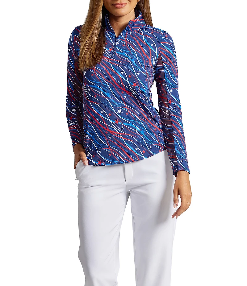 IBKUL Patriotic Confetti Print Zip Mock Neck Long Sleeve Pullover