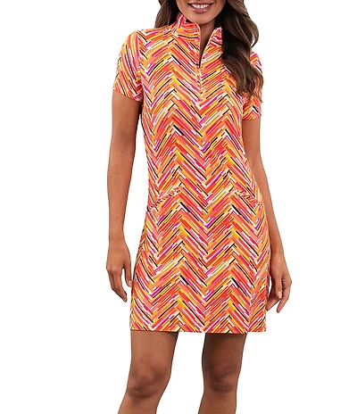 IBKUL Robin Printed Zip Mock Neck Short Sleeve Mini Dress