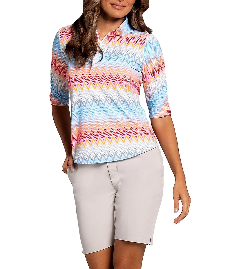 IBKUL Susan Chevron Print Mandarin Collar Ruched Elbow Sleeve Stretch Knit Top