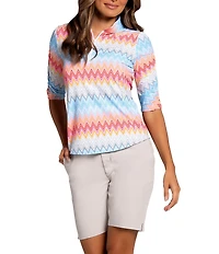 IBKUL Susan Chevron Print Mandarin Collar Ruched Elbow Sleeve Stretch Knit Top