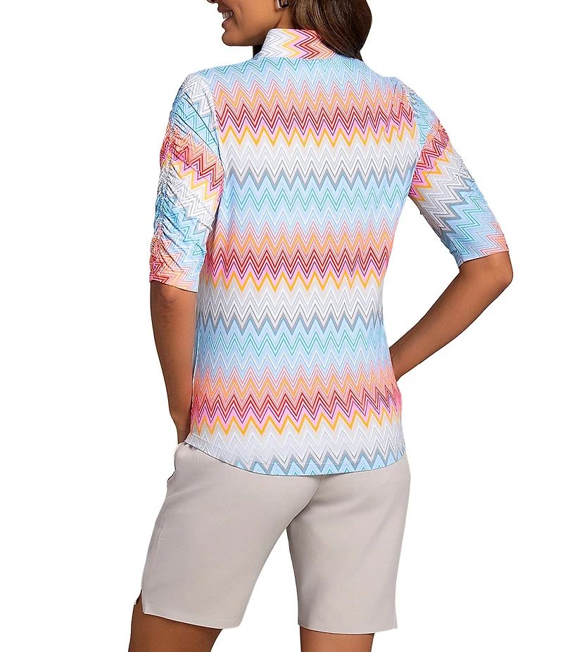 IBKUL Susan Chevron Print Mandarin Collar Ruched Elbow Sleeve Stretch Knit Top