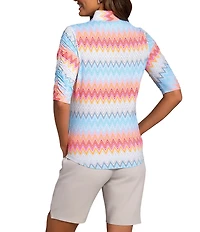 IBKUL Susan Chevron Print Mandarin Collar Ruched Elbow Sleeve Stretch Knit Top