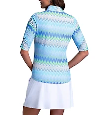 IBKUL Susan Chevron Print Mandarin Collar Ruched Elbow Sleeve Stretch Knit Top