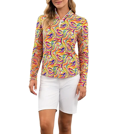 IBKUL Thalia Printed Zip Mock Neck Long Sleeve Top