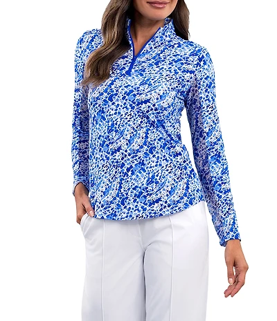 IBKUL Yesenia Printed Zip Mock Neck Long Sleeve Top