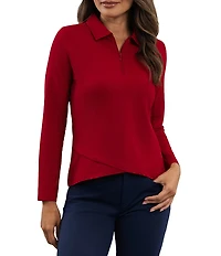 IBKUL Zip Neck Long Sleeve Layered Hem Polo Top