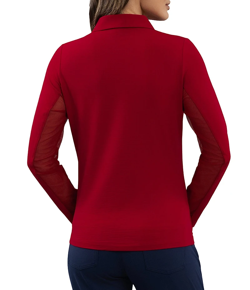 IBKUL Zip Neck Long Sleeve Layered Hem Polo Top