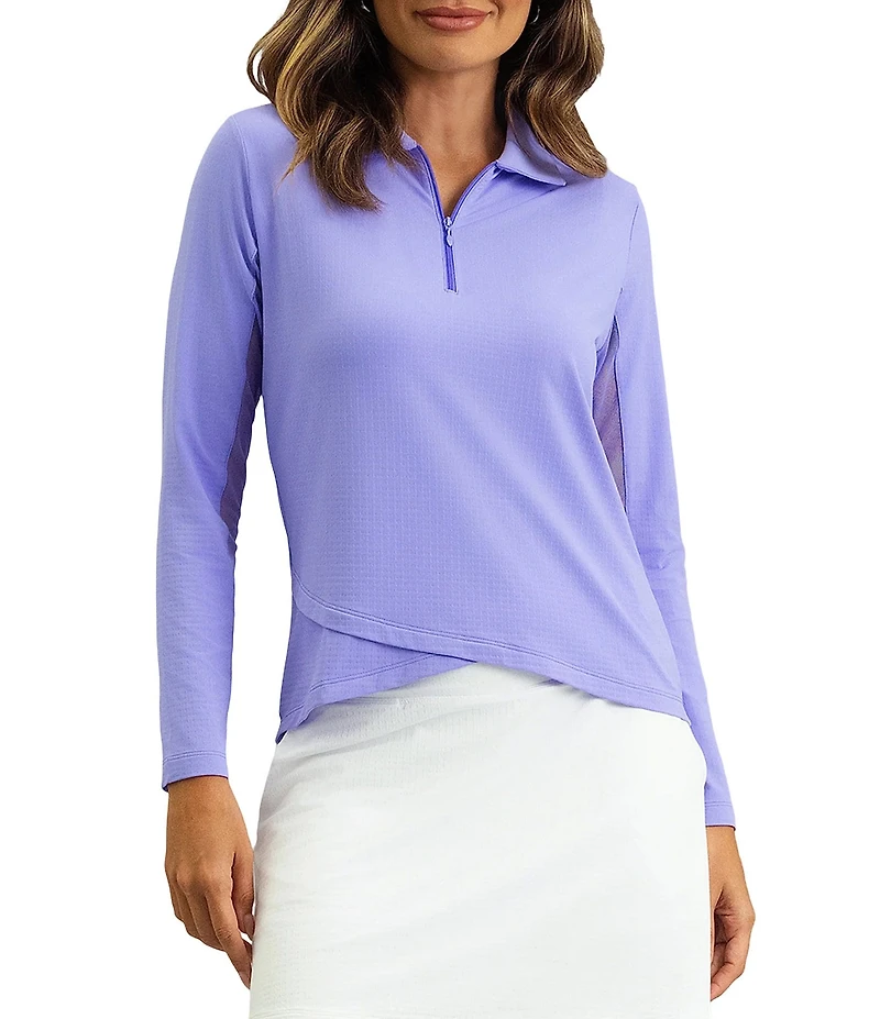 IBKUL Zip Neck Long Sleeve Layered Hem Polo Top