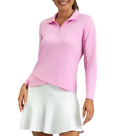 IBKUL Zip Neck Long Sleeve Layered Hem Polo Top