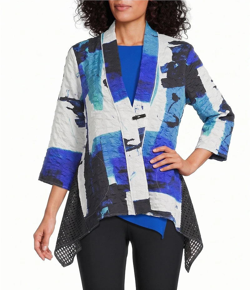 IC Collection Abstract Print Pucker Mesh V-Neck 3/4 Sleeve Jacket