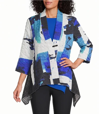 IC Collection Abstract Print Pucker Mesh V-Neck 3/4 Sleeve Jacket