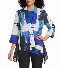 IC Collection Abstract Print Pucker Mesh V-Neck 3/4 Sleeve Jacket
