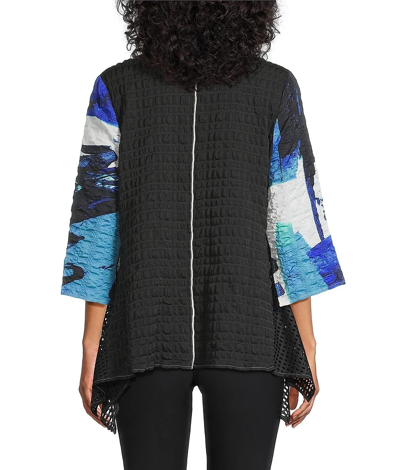 IC Collection Abstract Print Pucker Mesh V-Neck 3/4 Sleeve Jacket