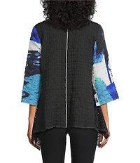 IC Collection Abstract Print Pucker Mesh V-Neck 3/4 Sleeve Jacket