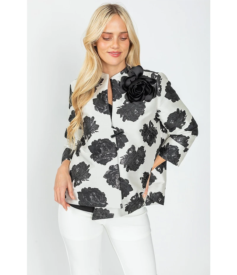 IC Collection Black Rosette Printed High Round Neck Bracelet Length Sleeve Asymmetric Hem One-Button Jacquard Jacket