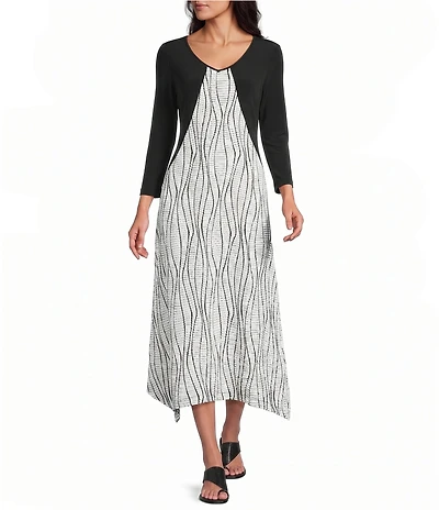 IC Collection Colorblock Wave Stripe V-Neck 3/4 Sleeve Asymmetric Hem Midi Dress