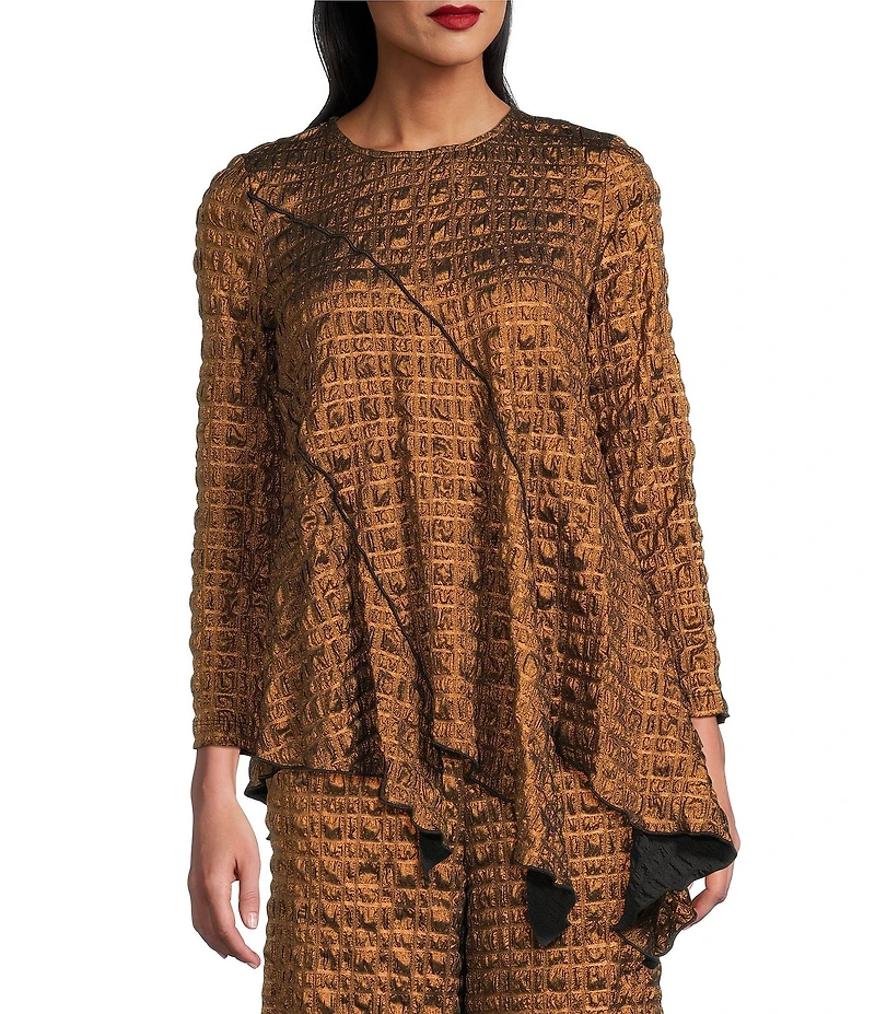 IC Collection Coordinating Metallic Pucker Round Neck Long Sleeve Asymmetrical Top