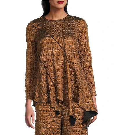 IC Collection Coordinating Metallic Pucker Round Neck Long Sleeve Asymmetrical Top