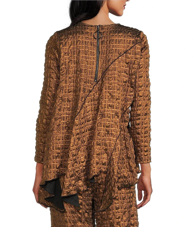 IC Collection Coordinating Metallic Pucker Round Neck Long Sleeve Asymmetrical Top