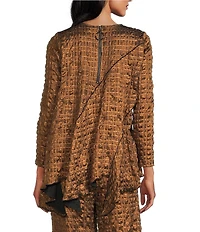 IC Collection Coordinating Metallic Pucker Round Neck Long Sleeve Asymmetrical Top