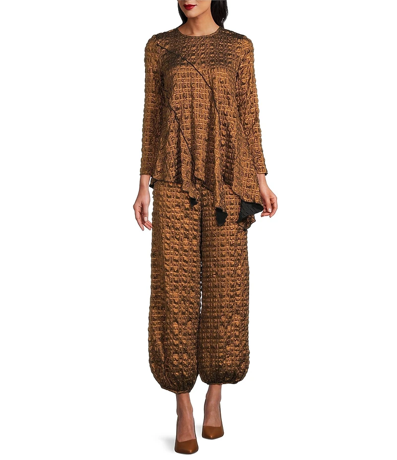 IC Collection Coordinating Metallic Pucker Round Neck Long Sleeve Asymmetrical Top