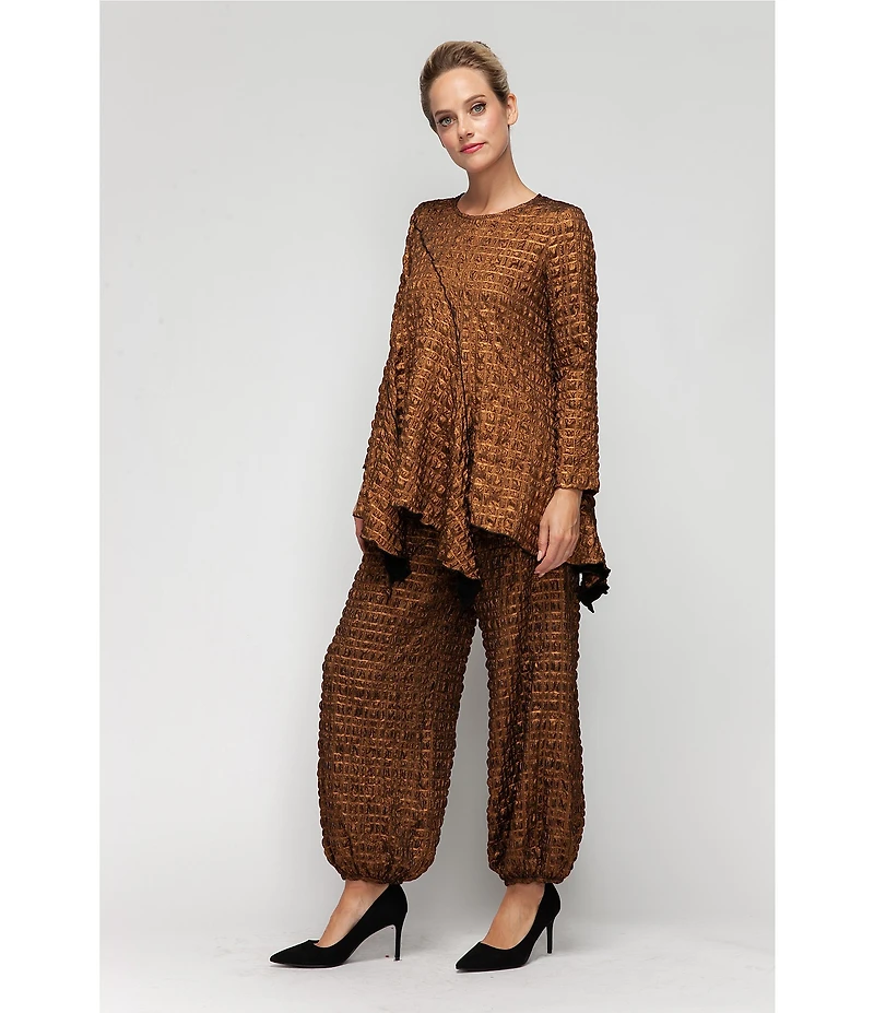 IC Collection Coordinating Metallic Pucker Round Neck Long Sleeve Asymmetrical Top