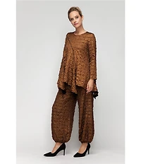 IC Collection Coordinating Metallic Pucker Round Neck Long Sleeve Asymmetrical Top