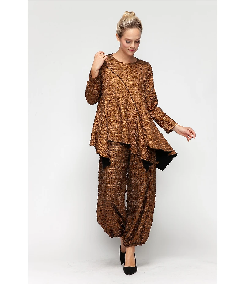 IC Collection Coordinating Metallic Pucker Round Neck Long Sleeve Asymmetrical Top