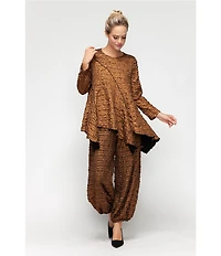 IC Collection Coordinating Metallic Pucker Round Neck Long Sleeve Asymmetrical Top