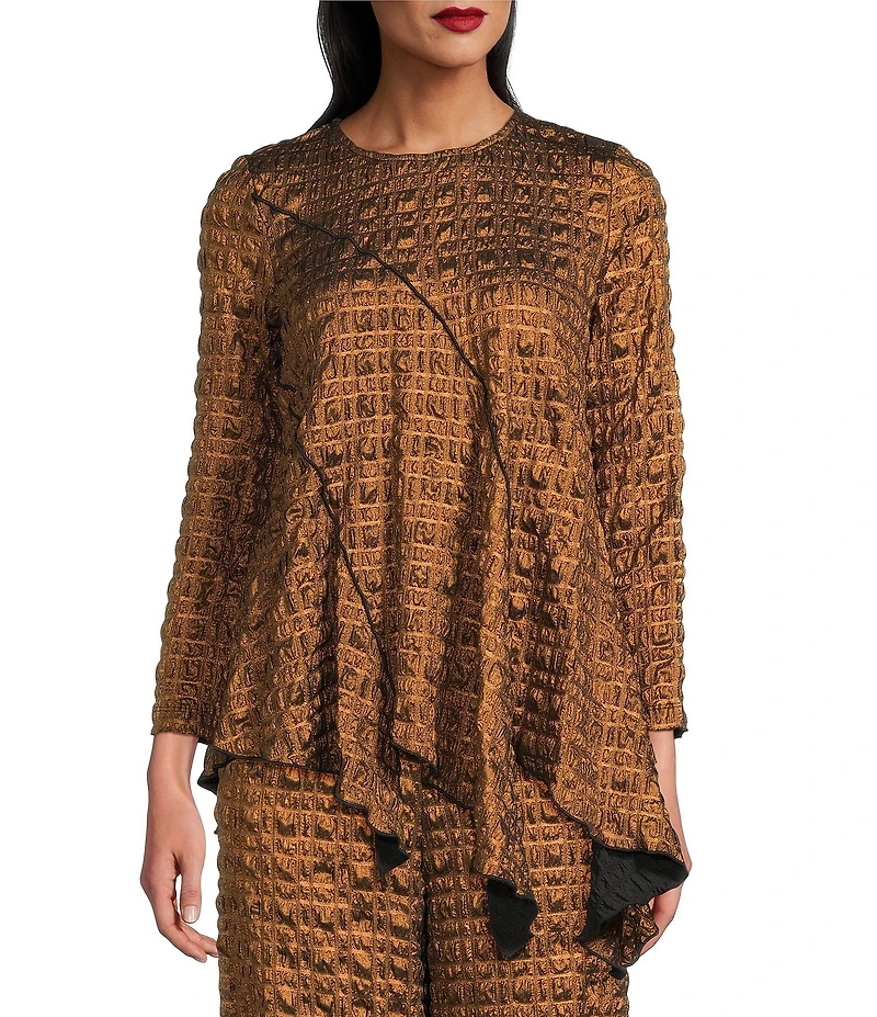 IC Collection Coordinating Metallic Pucker Round Neck Long Sleeve Asymmetrical Top