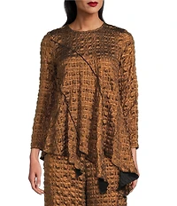 IC Collection Coordinating Metallic Pucker Round Neck Long Sleeve Asymmetrical Top