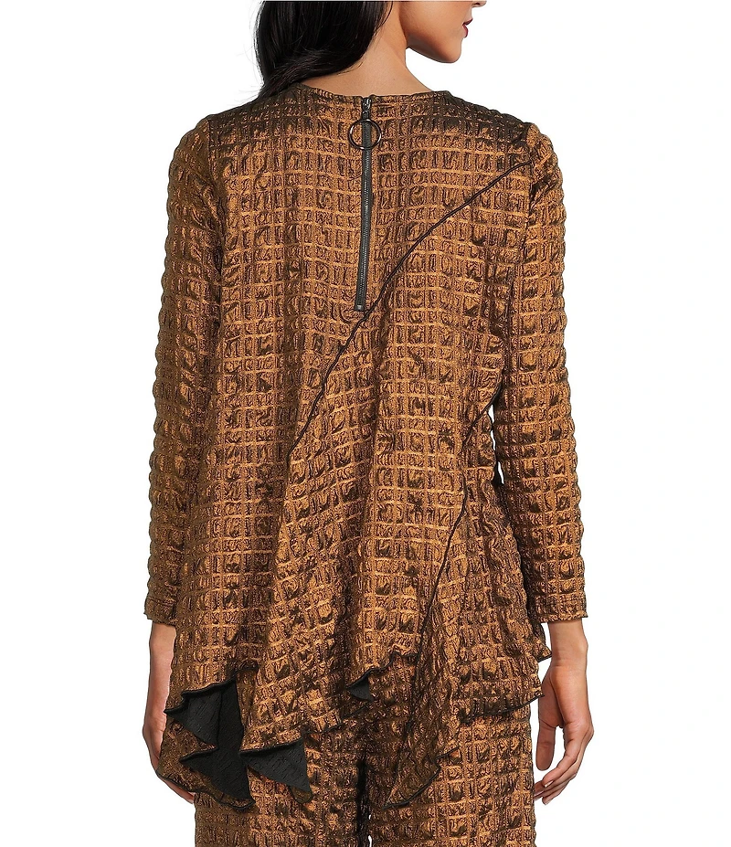 IC Collection Coordinating Metallic Pucker Round Neck Long Sleeve Asymmetrical Top
