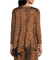 IC Collection Coordinating Metallic Pucker Round Neck Long Sleeve Asymmetrical Top