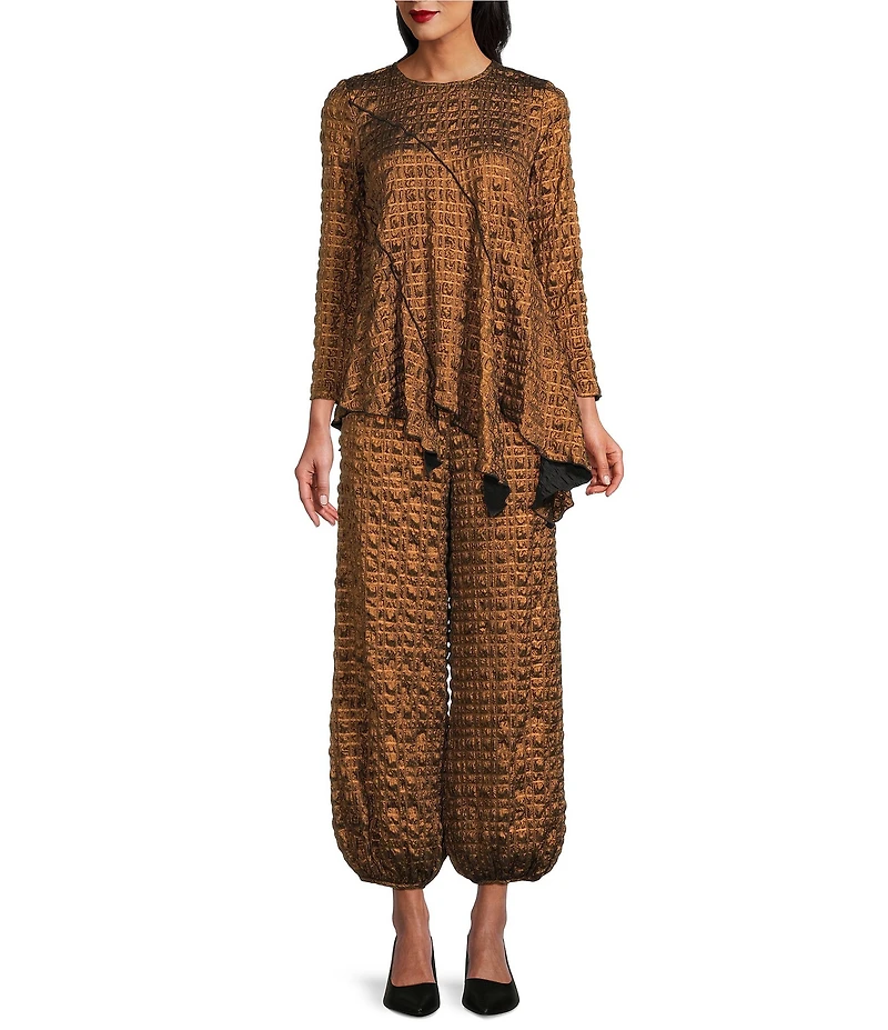 IC Collection Coordinating Metallic Pucker Round Neck Long Sleeve Asymmetrical Top