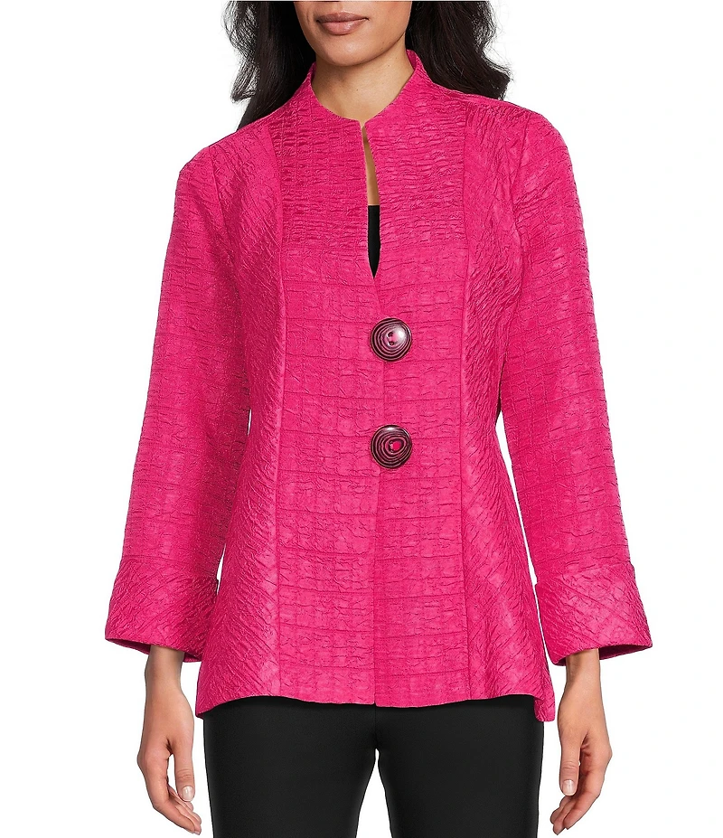 IC Collection Crinkle Jacquard Textured High Neck Bracelet Sleeve Button Front Jacket