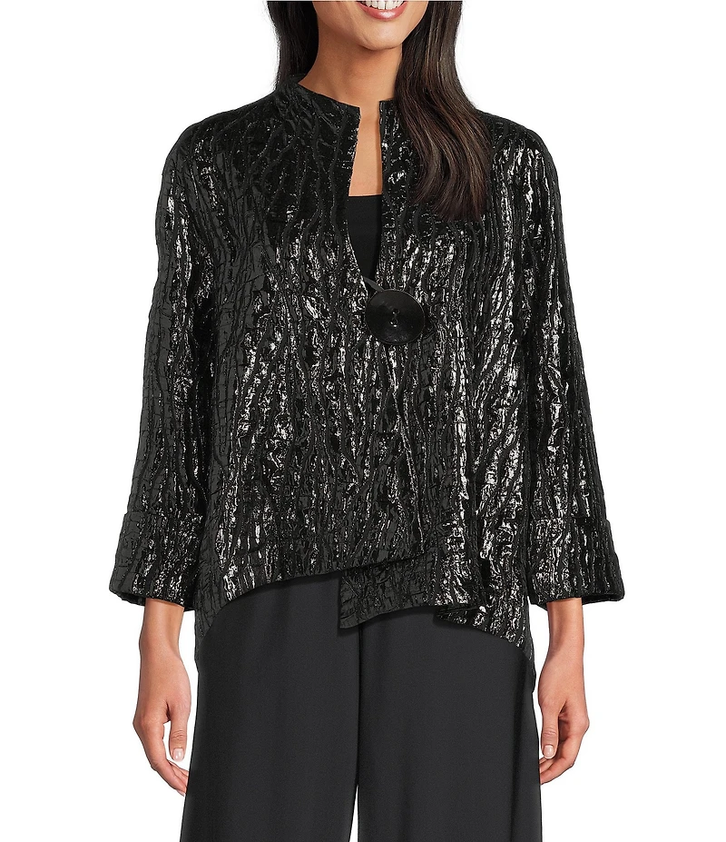 IC Collection Flash Metallic Woven High Neck Long Sleeve Asymmetrical Jacket
