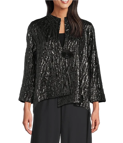 IC Collection Flash Metallic Woven High Neck Long Sleeve Asymmetrical Jacket