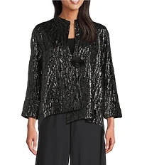 IC Collection Flash Metallic Woven High Neck Long Sleeve Asymmetrical Jacket