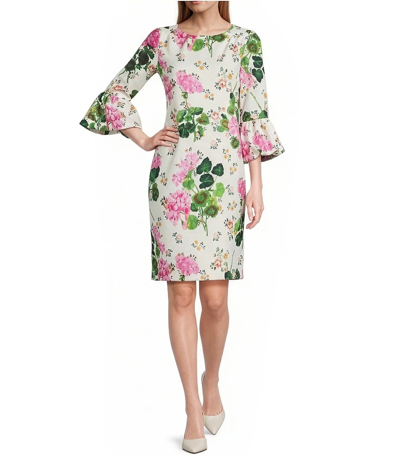 IC Collection Floral Print Round Neck 3/4 Bubble Sleeve Shift Midi Dress