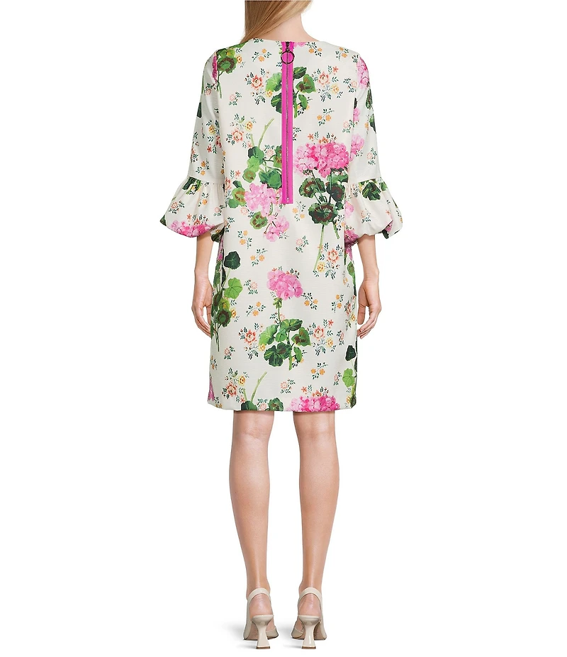 IC Collection Floral Print Round Neck 3/4 Bubble Sleeve Shift Midi Dress