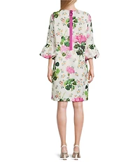 IC Collection Floral Print Round Neck 3/4 Bubble Sleeve Shift Midi Dress