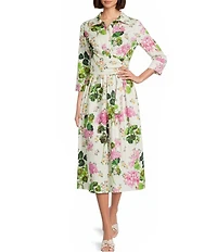 IC Collection Floral Print Shirt Collar Bracelet Sleeve A-Line Midi Dress