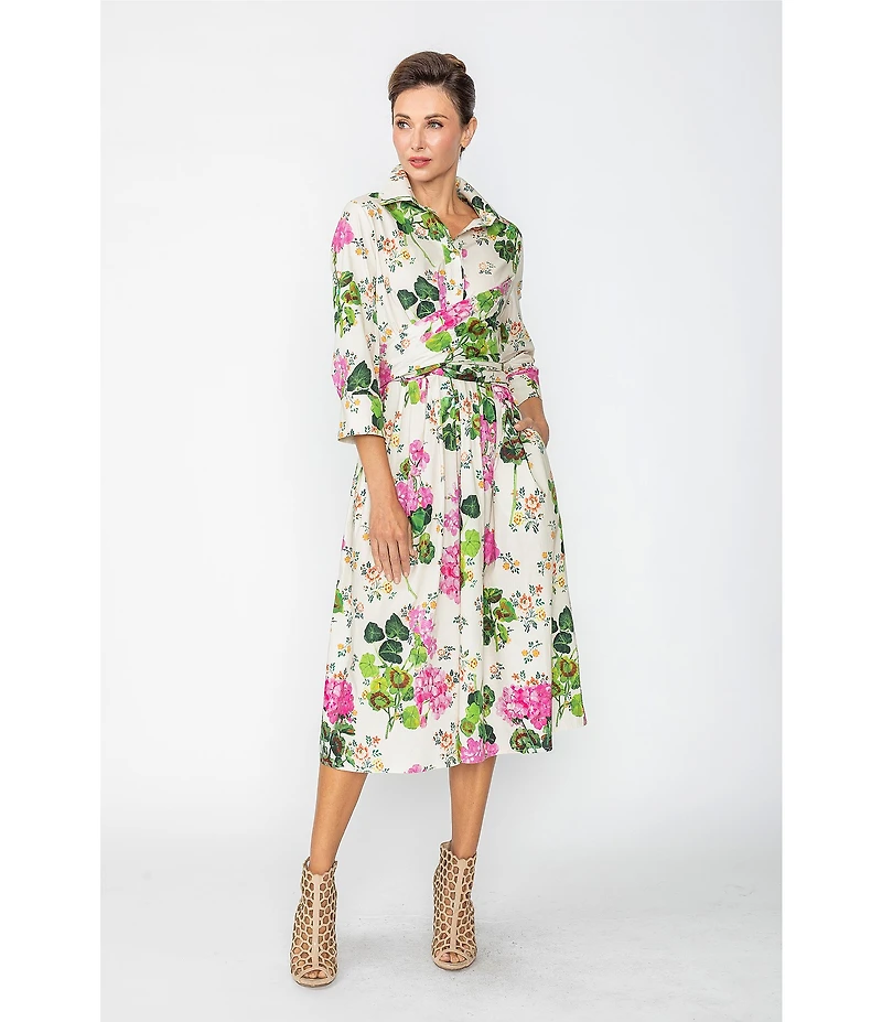 IC Collection Floral Print Shirt Collar Bracelet Sleeve A-Line Midi Dress