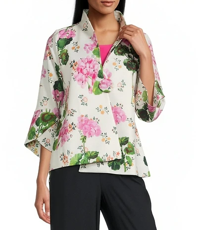 IC Collection Floral Print Stand Collar 3/4 Tulip Sleeve Asymmetrical Jacket