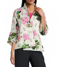 IC Collection Floral Print Stand Collar 3/4 Tulip Sleeve Asymmetrical Jacket
