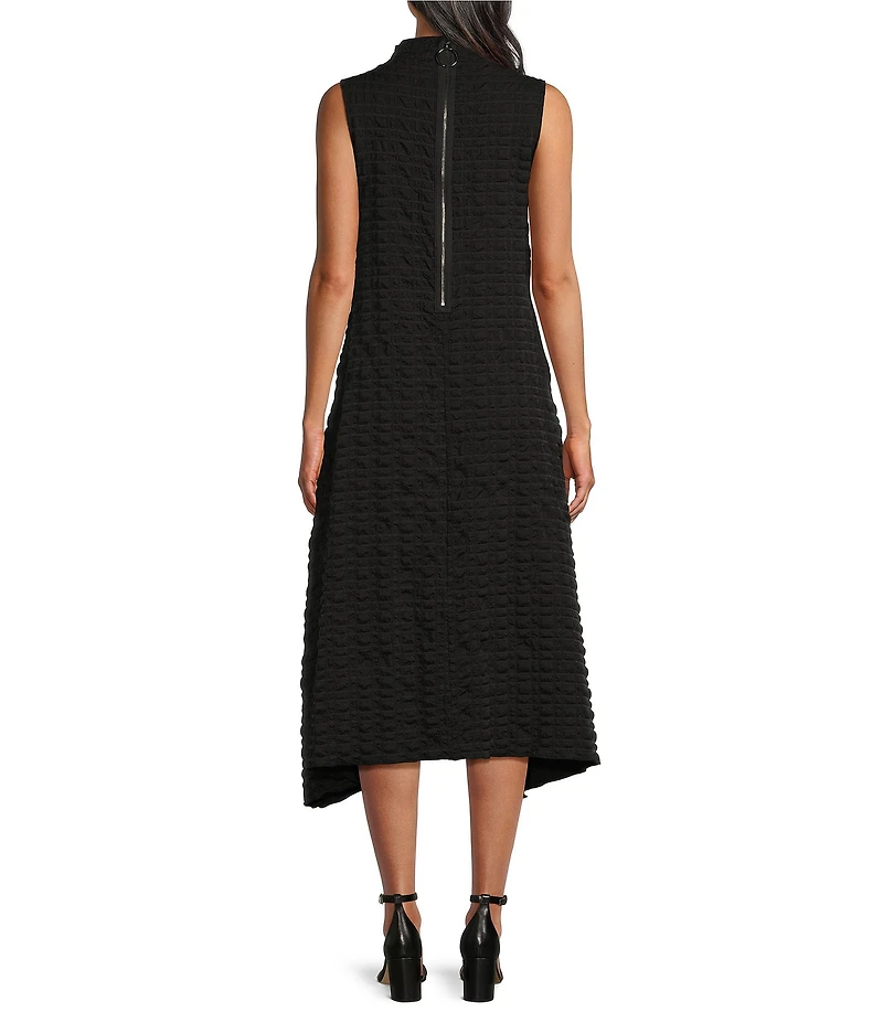 IC Collection Textured Bubble Check Woven Mock Neck Sleeveless Pocketed Swing Waistless Midi Dress