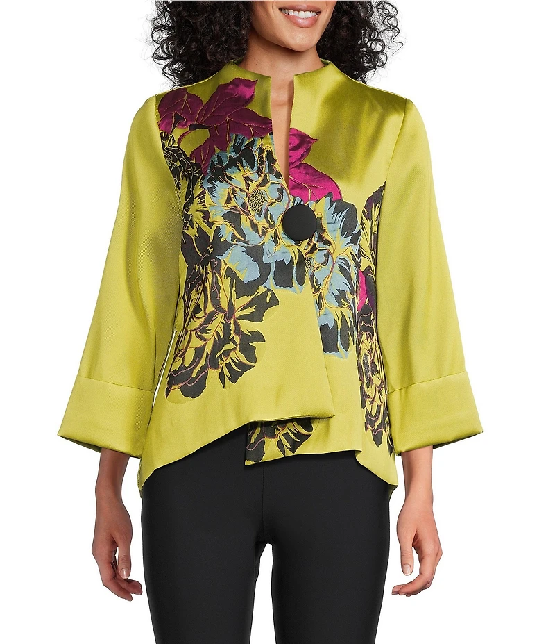 IC Collection Jacquard Bloom Asymmetrical High Neck Bracelet Sleeve Jacket