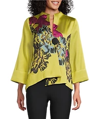 IC Collection Jacquard Bloom Asymmetrical High Neck Bracelet Sleeve Jacket