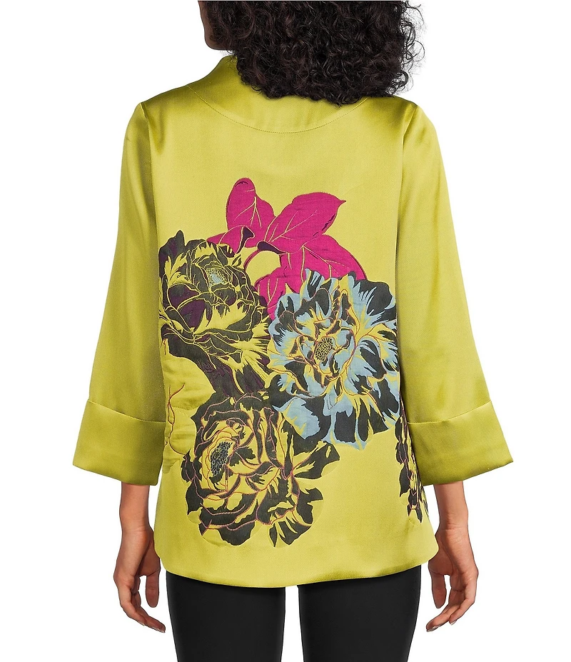 IC Collection Jacquard Bloom Asymmetrical High Neck Bracelet Sleeve Jacket