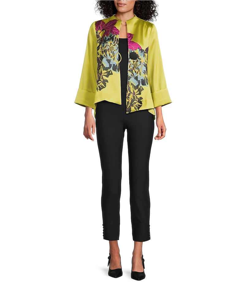 IC Collection Jacquard Bloom Asymmetrical High Neck Bracelet Sleeve Jacket